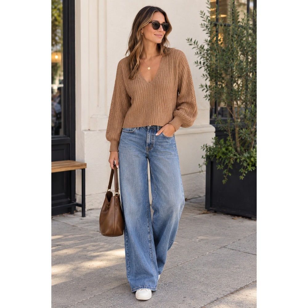 Ramy Brook Sweater NWT Women M Camel Ribbed V-Neck Wool Cashmere Balloon Sleeve
